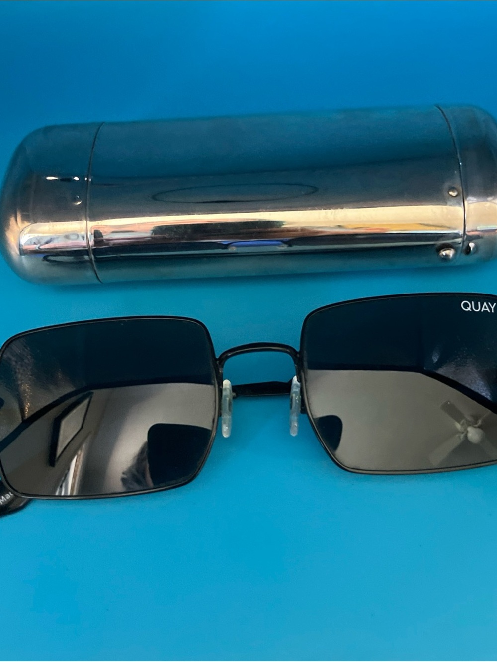Quay Australia Black Rectangular Sunglasses with Silver Case